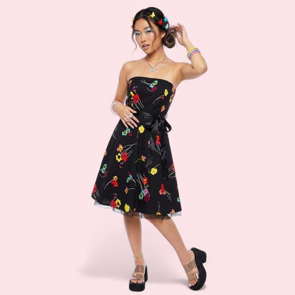 Vintage Y2K XXI Strapless Floral Skater Dress‎ Circle Skirt Whimsy Girly Party M